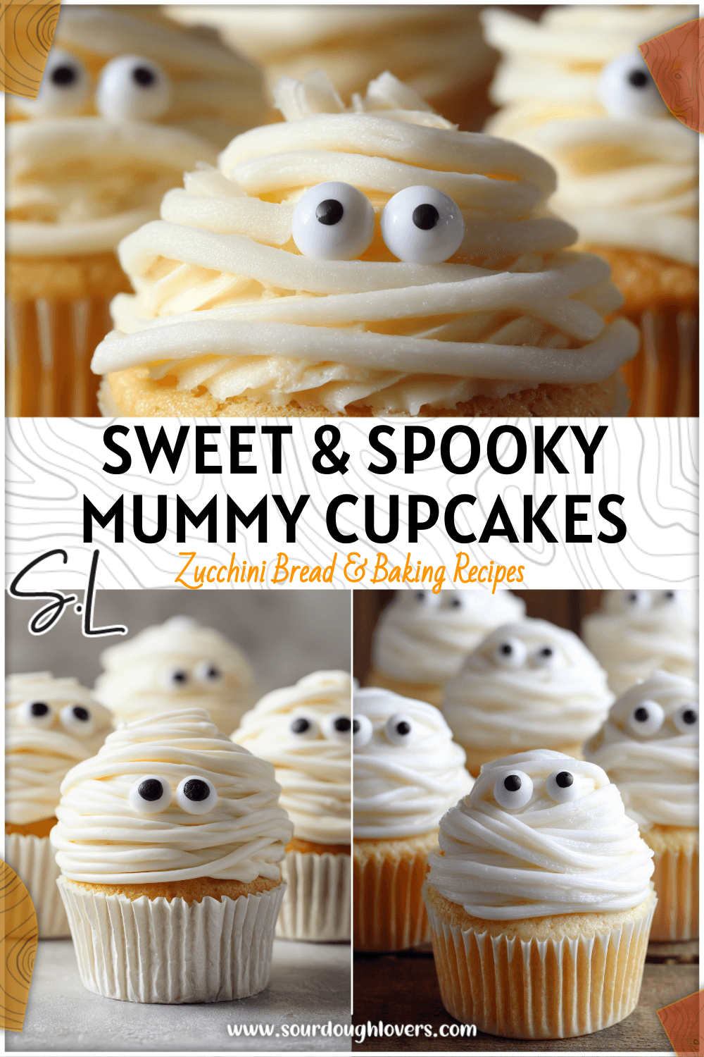 Close-up of white mummy cupcakes with frosting bandages and candy eyes for Halloween Birthday Treats.